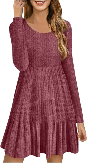 JOAU Women's Casual Round Neck Long Sleeve Ribbed Knit Dress High Waist Ruffle Hem A Line Tiered Swing Stretchy Mini Dresses