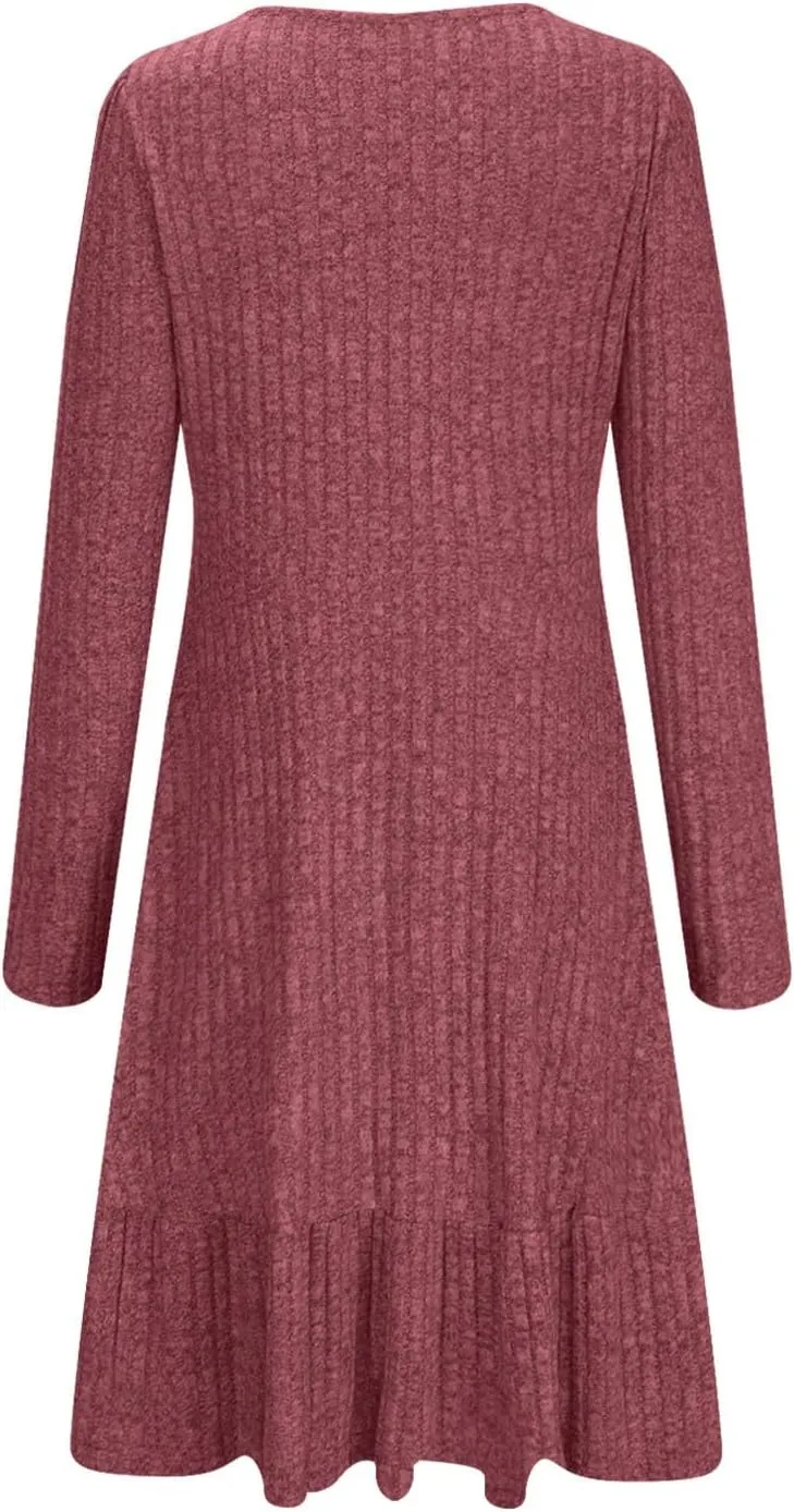 JOAU Women's Casual Round Neck Long Sleeve Ribbed Knit Dress High Waist Ruffle Hem A Line Tiered Swing Stretchy Mini Dresses