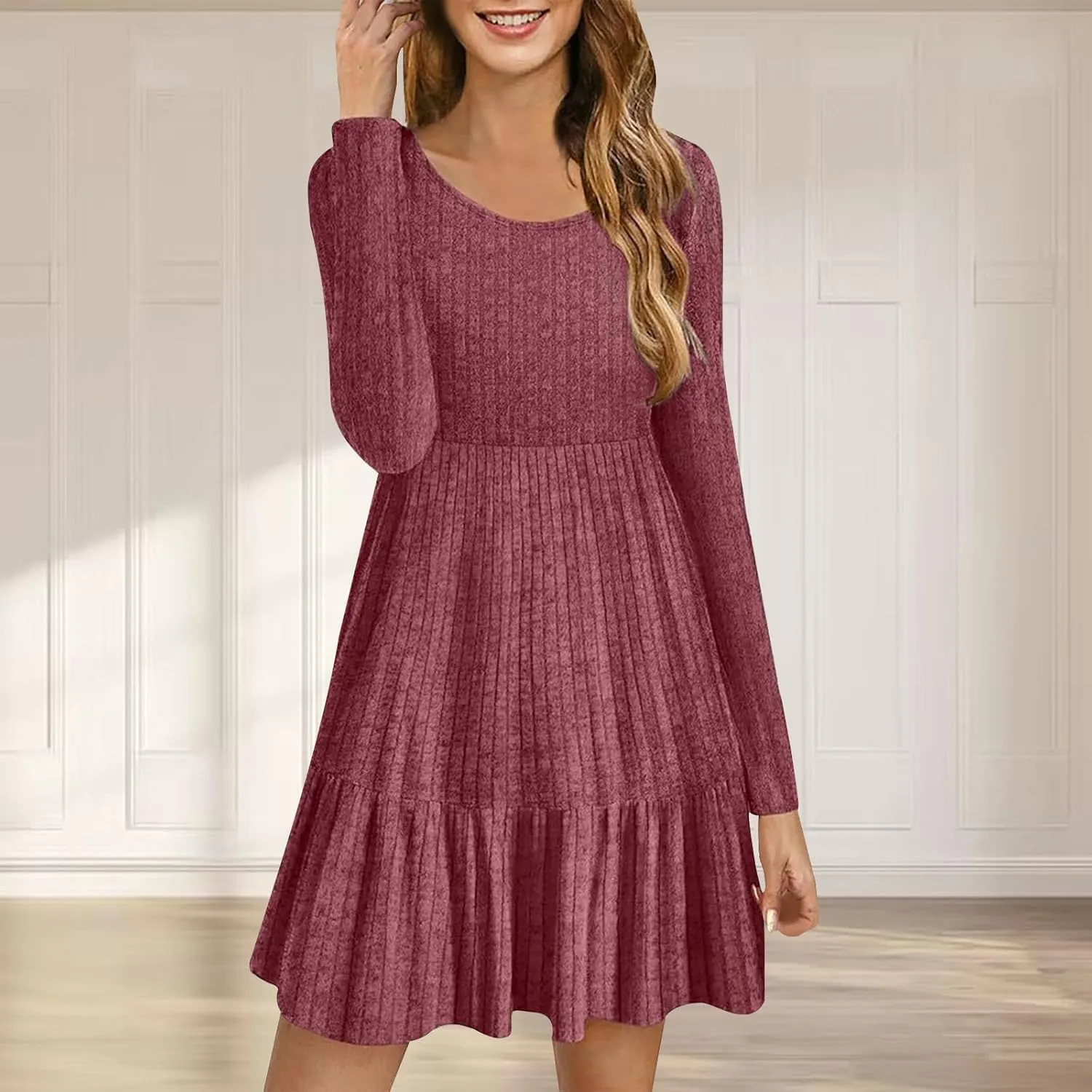 JOAU Women's Casual Round Neck Long Sleeve Ribbed Knit Dress High Waist Ruffle Hem A Line Tiered Swing Stretchy Mini Dresses