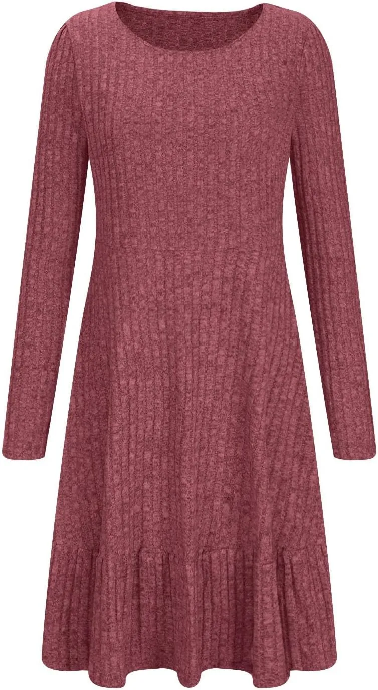 JOAU Women's Casual Round Neck Long Sleeve Ribbed Knit Dress High Waist Ruffle Hem A Line Tiered Swing Stretchy Mini Dresses