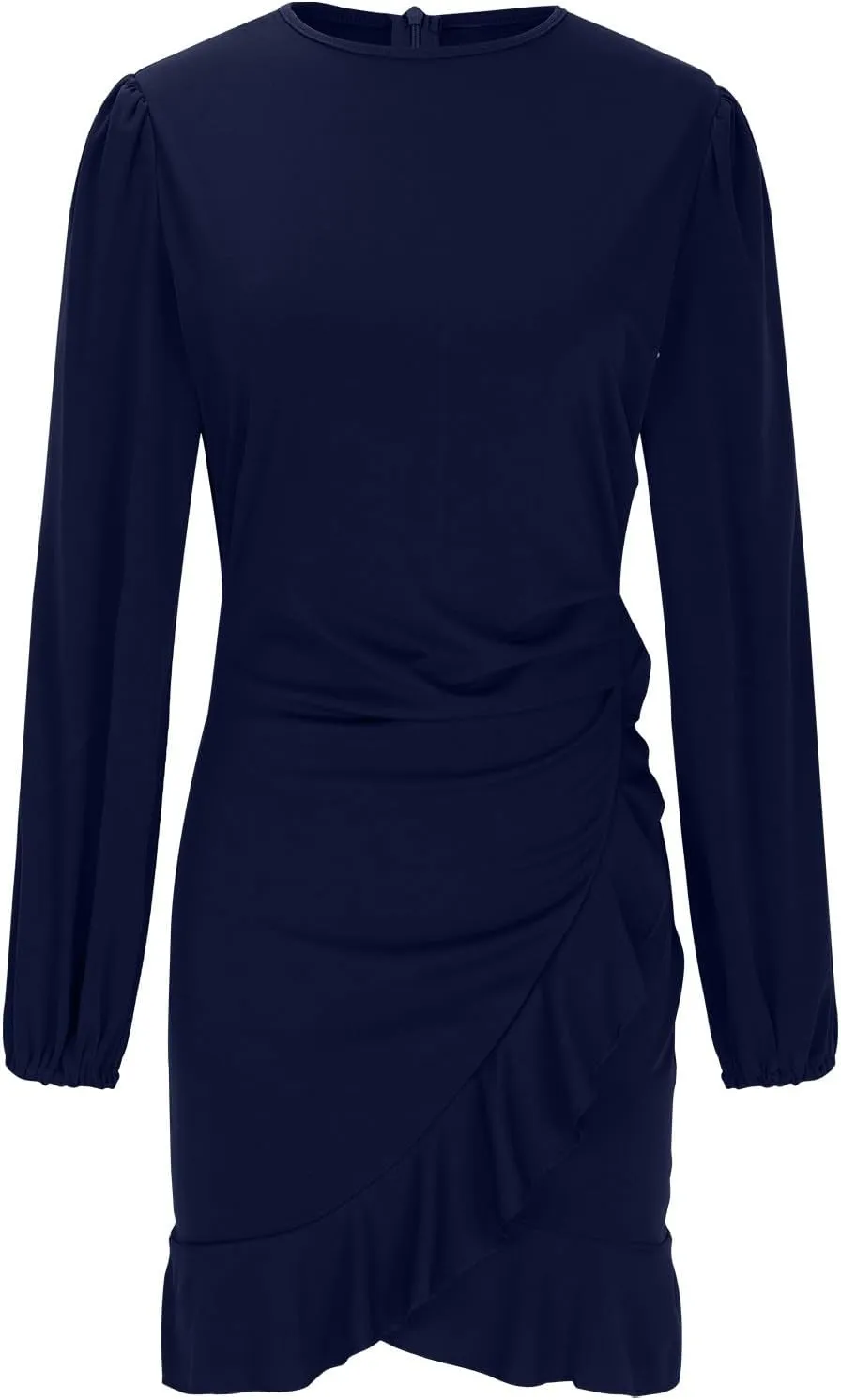 JOAU Women's Elegant Formal Cocktail Party Mini Dress Puff Long Sleeve Crew Neck Slim Fit Irregular Ruffle Hem Slit Dresses