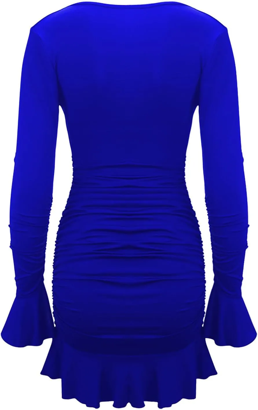 JOAU Women's Fashion Elegant Wrap V Neck Dress Long Sleeve Ruffle Trim Ruched Mini Dresses Cocktail Party Bodycon Dress