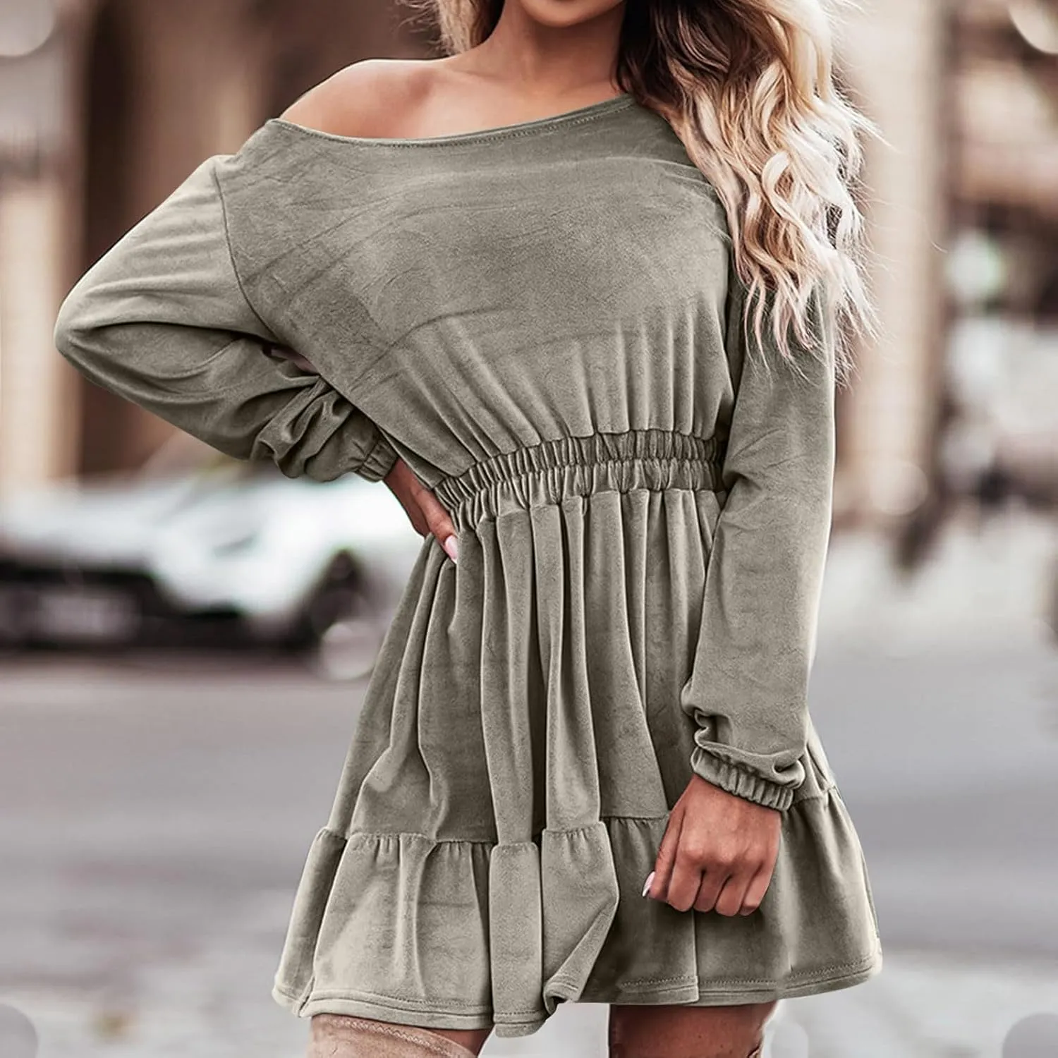 JOAU Women's Long Sleeve Elastic Waist Mini Dress Loose Fit Casual Round Neck Ruffle Hem Tiered A-Line Empire Waist Dresses