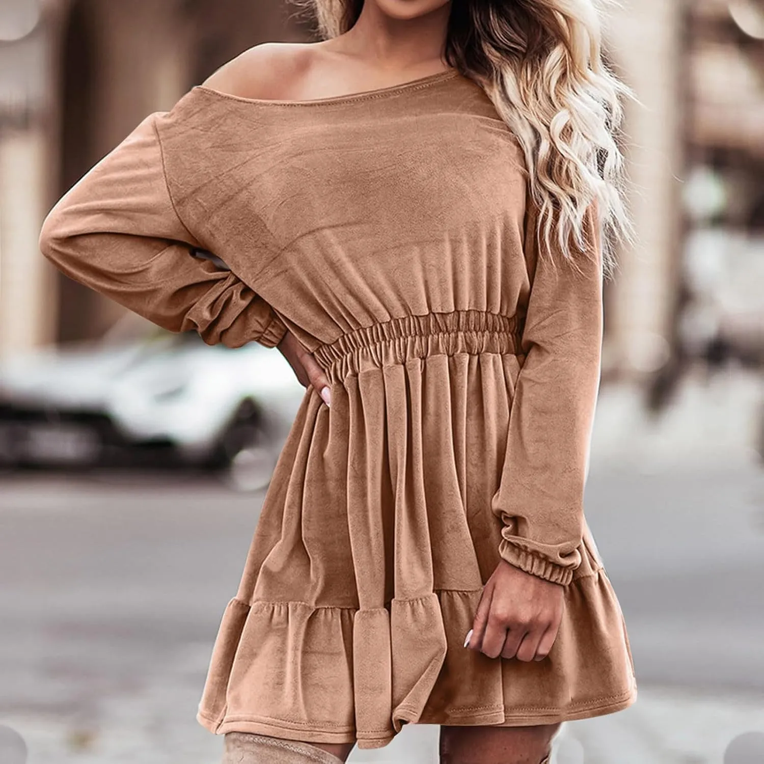 JOAU Women's Long Sleeve Elastic Waist Mini Dress Loose Fit Casual Round Neck Ruffle Hem Tiered A-Line Empire Waist Dresses