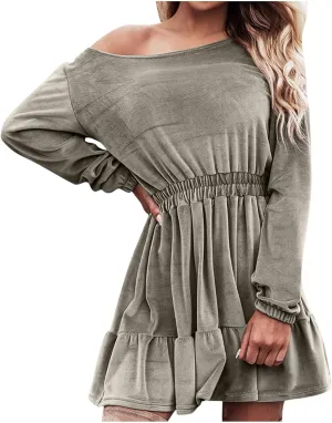 JOAU Women's Long Sleeve Elastic Waist Mini Dress Loose Fit Casual Round Neck Ruffle Hem Tiered A-Line Empire Waist Dresses