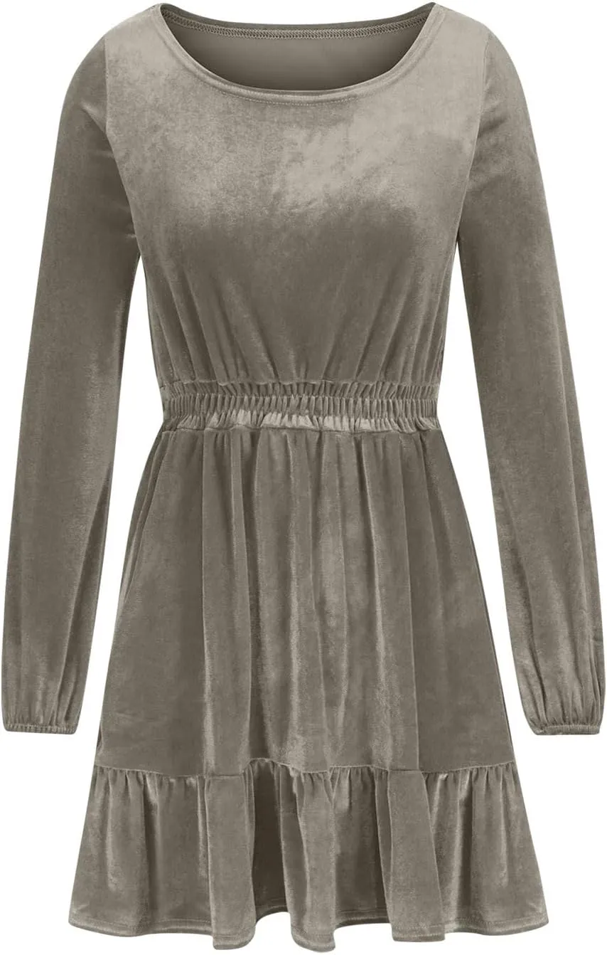 JOAU Women's Long Sleeve Elastic Waist Mini Dress Loose Fit Casual Round Neck Ruffle Hem Tiered A-Line Empire Waist Dresses