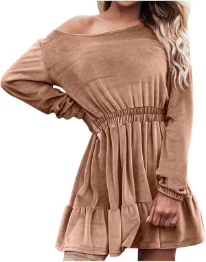 JOAU Women's Long Sleeve Elastic Waist Mini Dress Loose Fit Casual Round Neck Ruffle Hem Tiered A-Line Empire Waist Dresses