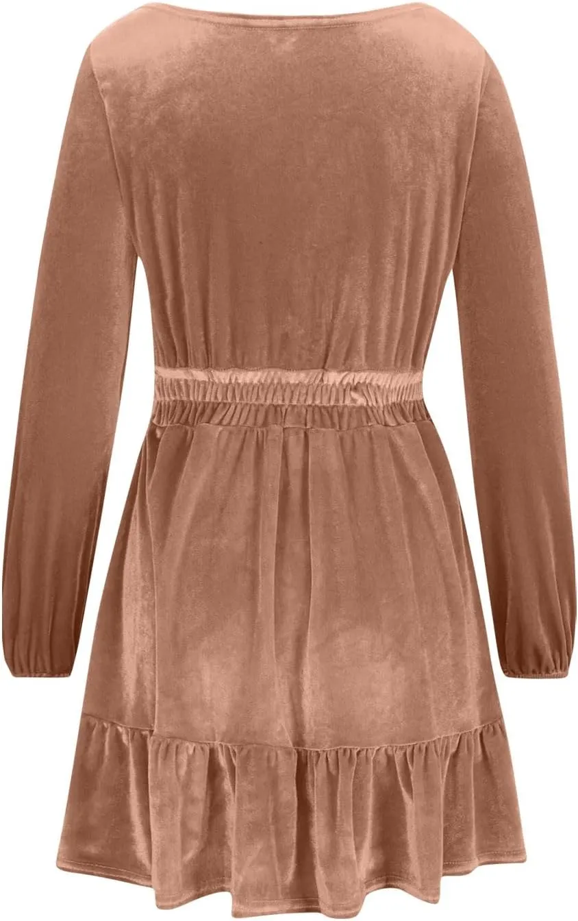 JOAU Women's Long Sleeve Elastic Waist Mini Dress Loose Fit Casual Round Neck Ruffle Hem Tiered A-Line Empire Waist Dresses