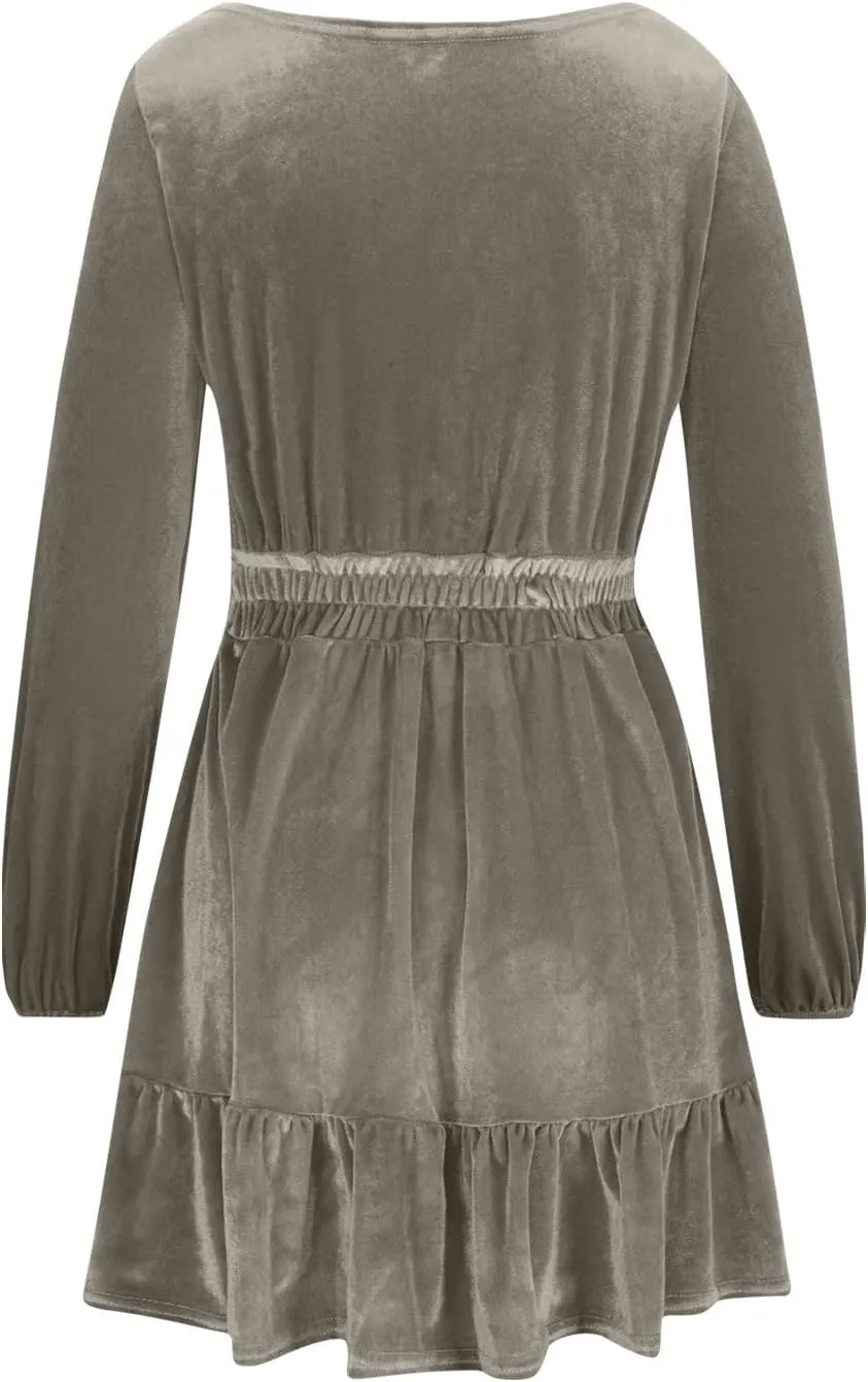 JOAU Women's Long Sleeve Elastic Waist Mini Dress Loose Fit Casual Round Neck Ruffle Hem Tiered A-Line Empire Waist Dresses