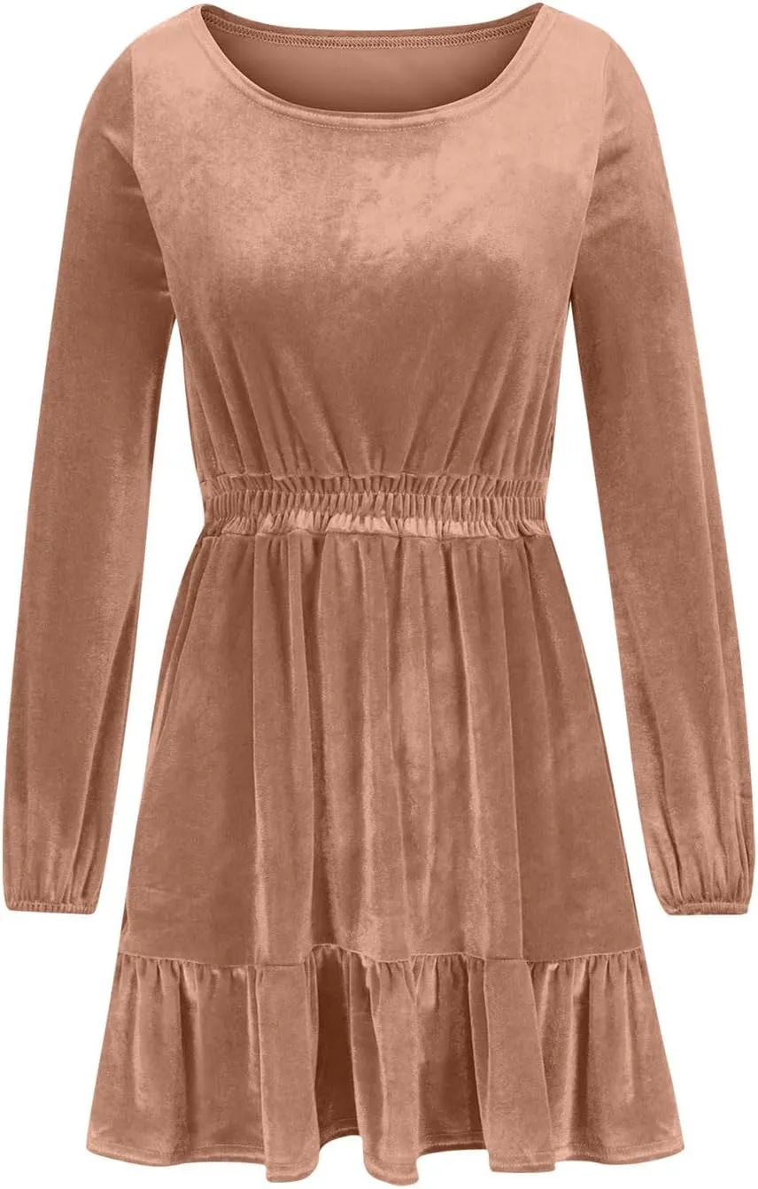 JOAU Women's Long Sleeve Elastic Waist Mini Dress Loose Fit Casual Round Neck Ruffle Hem Tiered A-Line Empire Waist Dresses