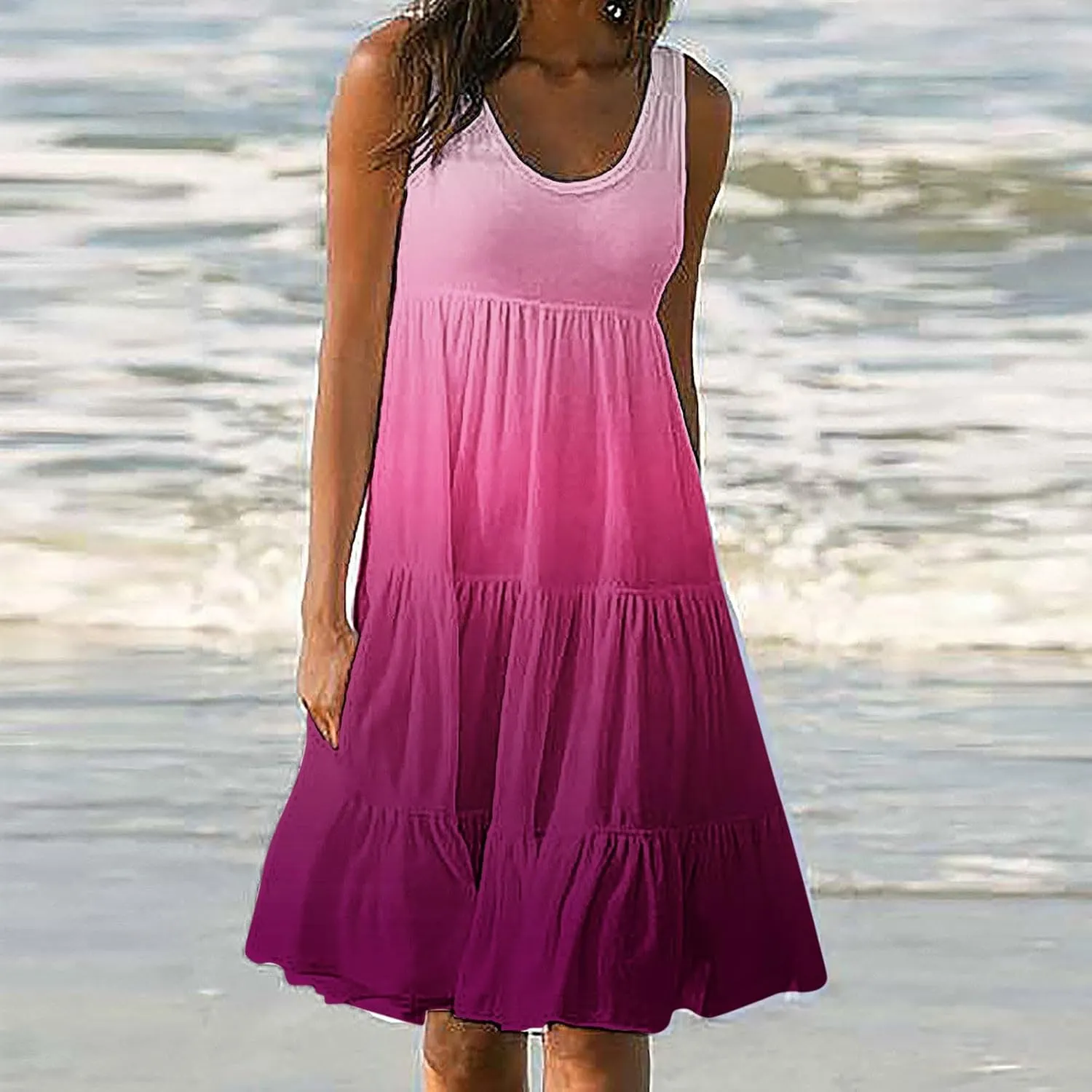 jsaierl Women's Sleeveless Ruffle Mini Dress Fashion Gradient Tank Cami Dress Summer Flowy High Waited A Line Tie Dye Dresses