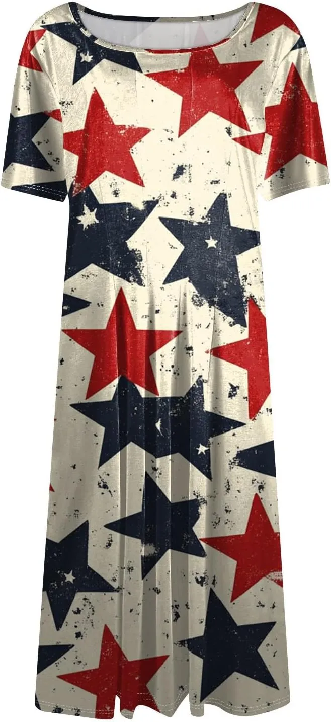 July 4Th Dresses for Women Midi Red White and Blue Dress Short Sleeve Patriotic Dresses Holiday Festival Dress