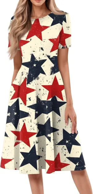 July 4Th Dresses for Women Midi Red White and Blue Dress Short Sleeve Patriotic Dresses Holiday Festival Dress