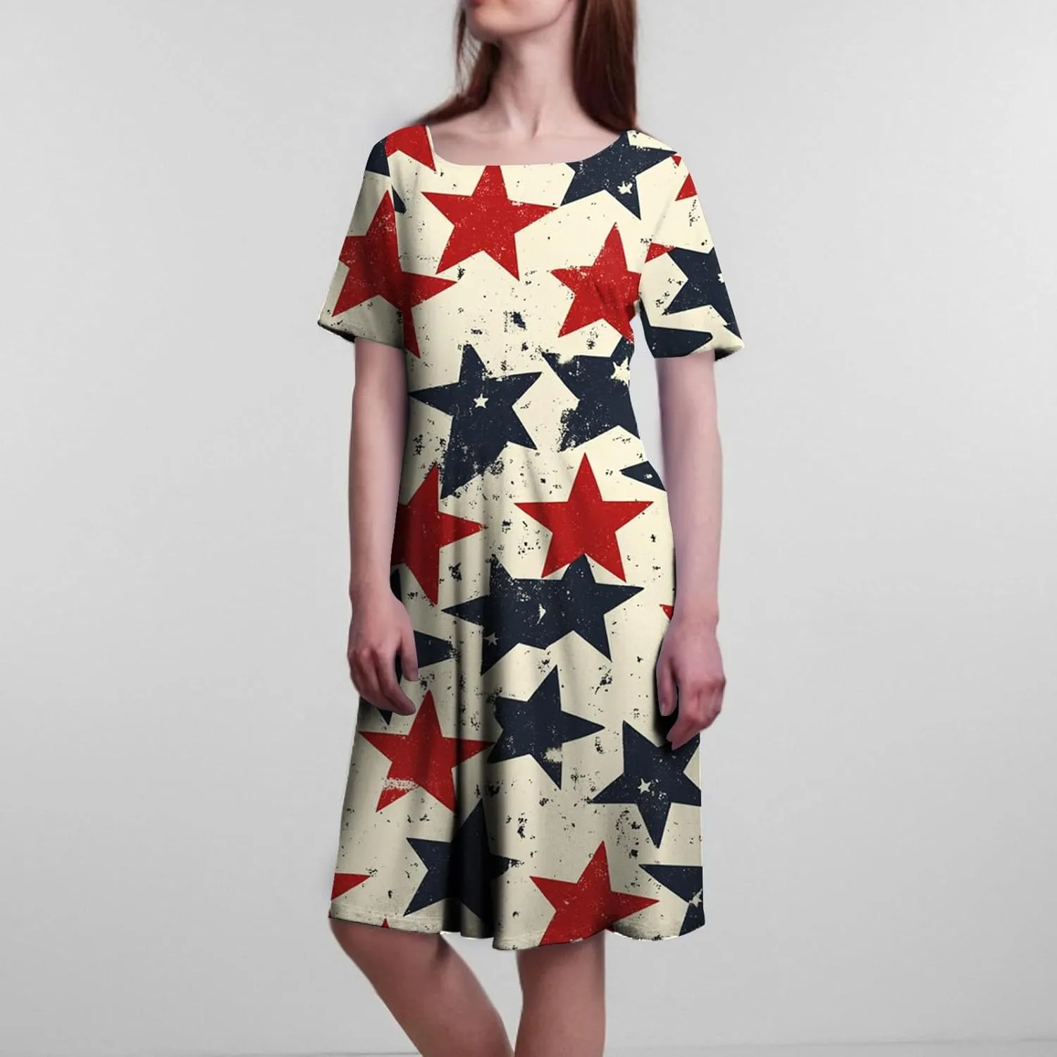 July 4Th Dresses for Women Midi Red White and Blue Dress Short Sleeve Patriotic Dresses Holiday Festival Dress