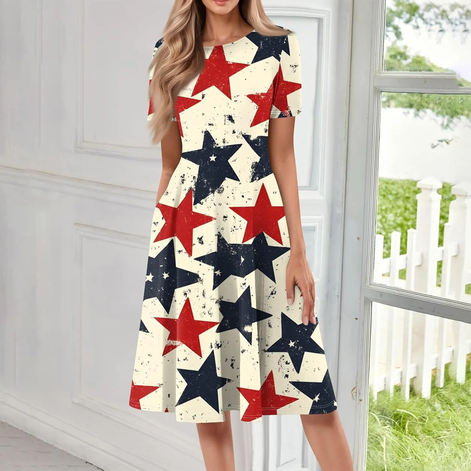 July 4Th Dresses for Women Midi Red White and Blue Dress Short Sleeve Patriotic Dresses Holiday Festival Dress