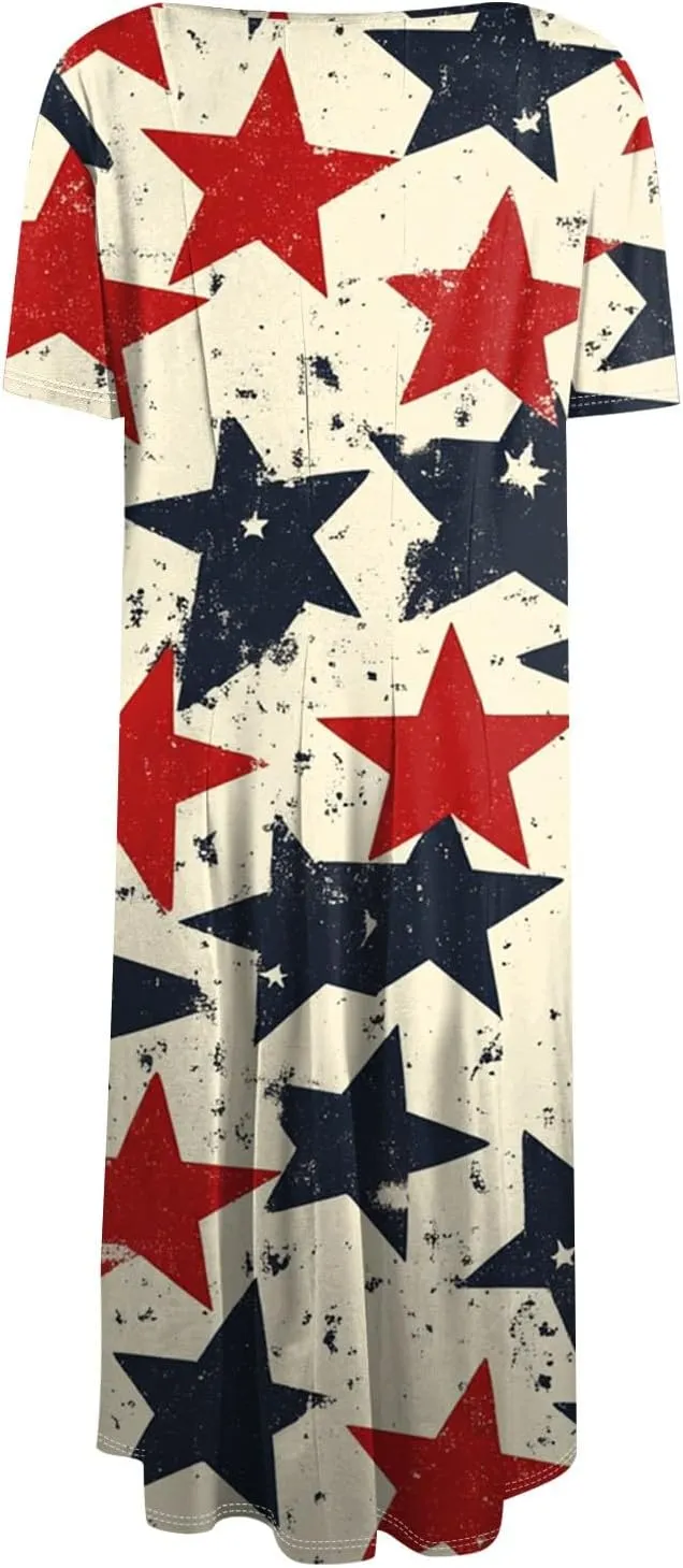July 4Th Dresses for Women Midi Red White and Blue Dress Short Sleeve Patriotic Dresses Holiday Festival Dress