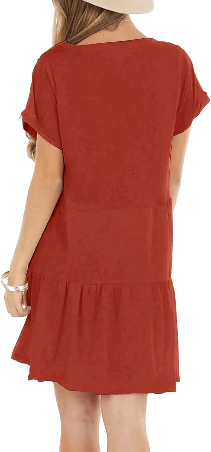 Kenvina Summer Dresses for Women 2025 T Shirt Dress Casual Short Sleeve Ruffle Hem Crewneck Loose Mini Dresses with Pockets