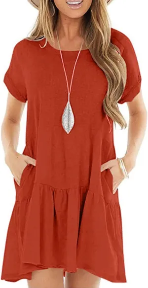 Kenvina Summer Dresses for Women 2025 T Shirt Dress Casual Short Sleeve Ruffle Hem Crewneck Loose Mini Dresses with Pockets