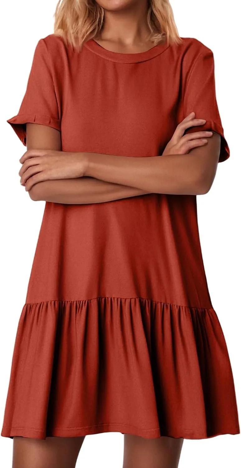 Kenvina Summer Dresses for Women 2025 T Shirt Dress Casual Short Sleeve Ruffle Hem Crewneck Loose Mini Dresses with Pockets