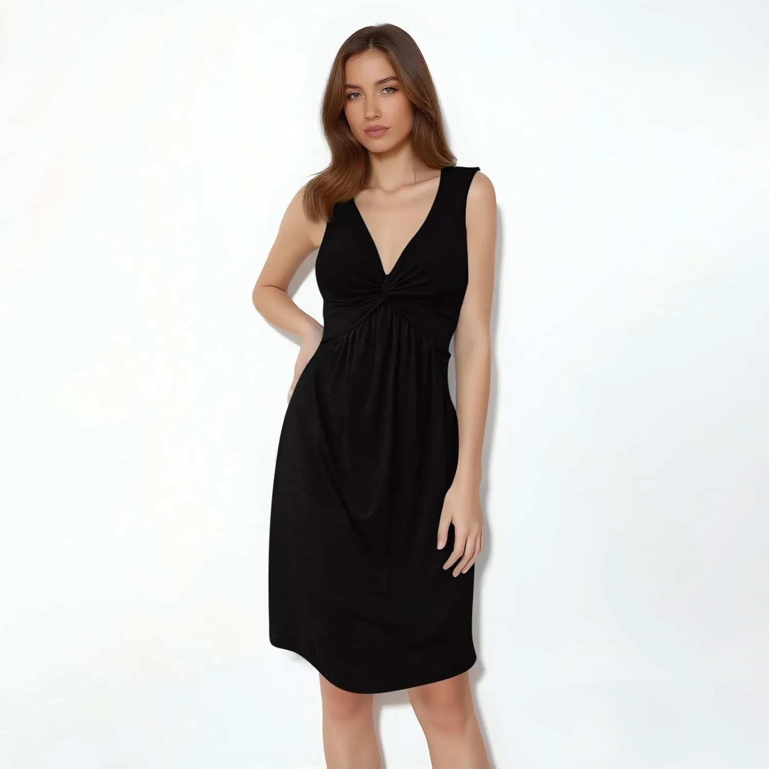 Kenvina Women's Twist Front V Neck Ruffle Casual Summer Dress Sexy Elegant Sleeveless Club Party Tunic Bodycon Mini Dresses