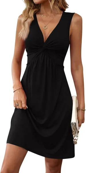 Kenvina Women's Twist Front V Neck Ruffle Casual Summer Dress Sexy Elegant Sleeveless Club Party Tunic Bodycon Mini Dresses
