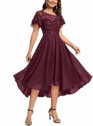 Lace Mother Bride Dresses Tea Length Chiffon Formal Dress Asymmetrical Cocktail Party Gowns with Ruffle Short Sleeve RO64