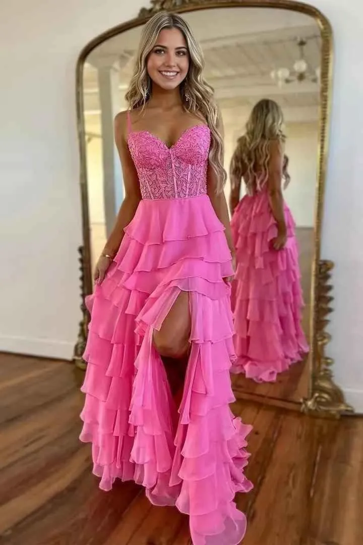 Lace Prom Dresses 2025 Spaghetti Straps Long Ball Gown with Slit Chiffon Tiered Evening Dress for Women