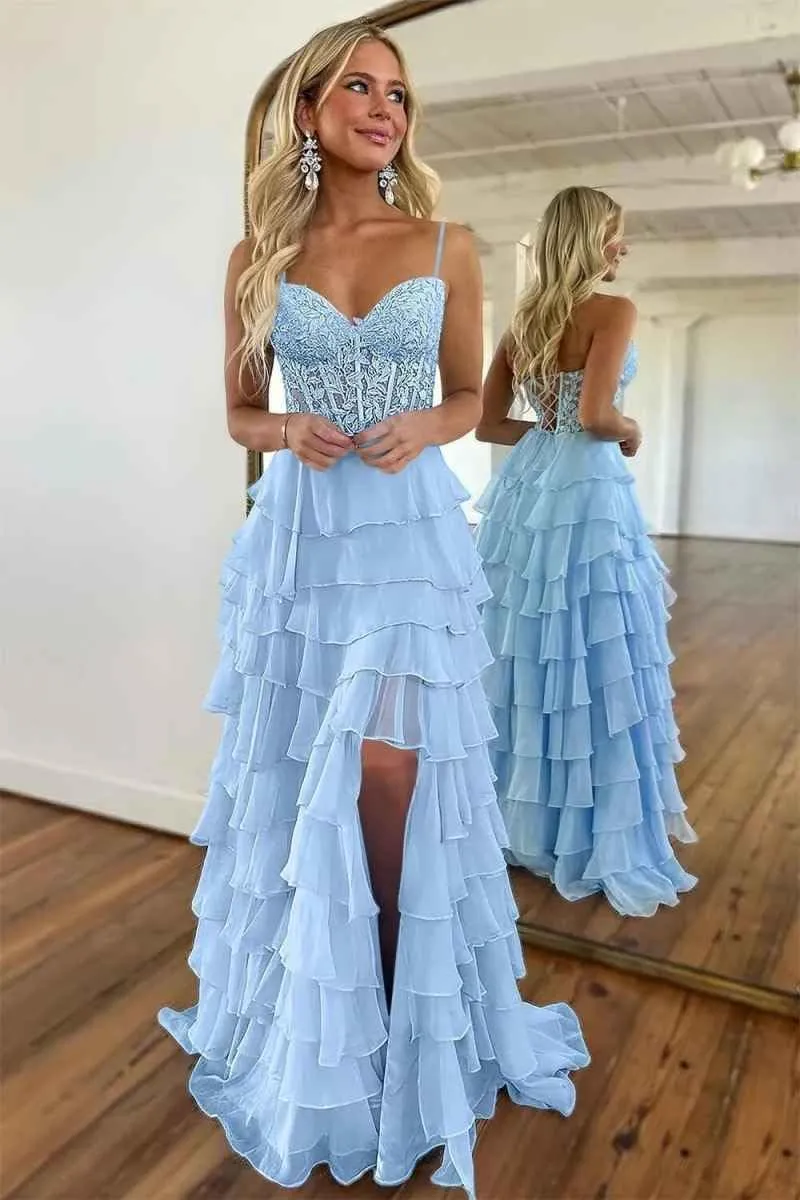 Lace Prom Dresses 2025 Spaghetti Straps Long Ball Gown with Slit Chiffon Tiered Evening Dress for Women