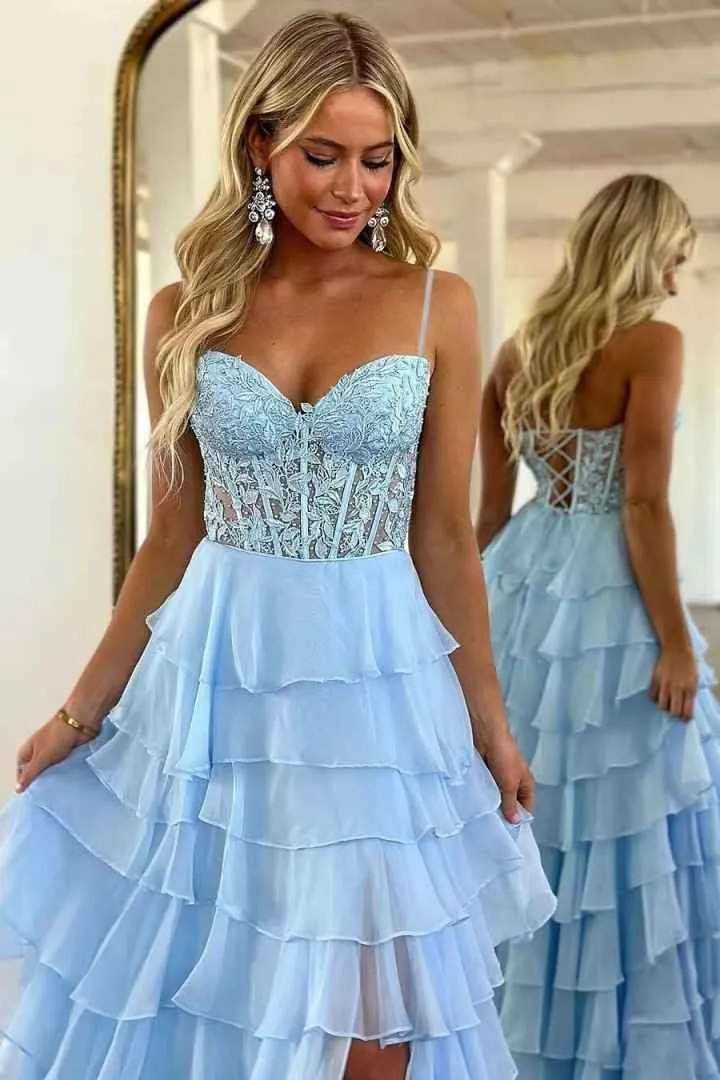 Lace Prom Dresses 2025 Spaghetti Straps Long Ball Gown with Slit Chiffon Tiered Evening Dress for Women