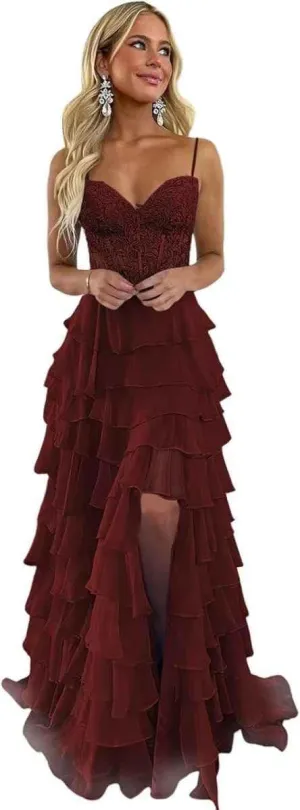 Lace Prom Dresses 2025 Spaghetti Straps Long Ball Gown with Slit Chiffon Tiered Evening Dress for Women
