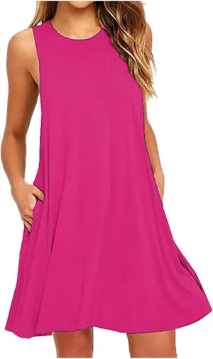 Ladies Mini Dresses with Pockets,Sleeveless Summer Dresses Elegant Plain Tank Dress Casual Loose High Waist Mini Dress