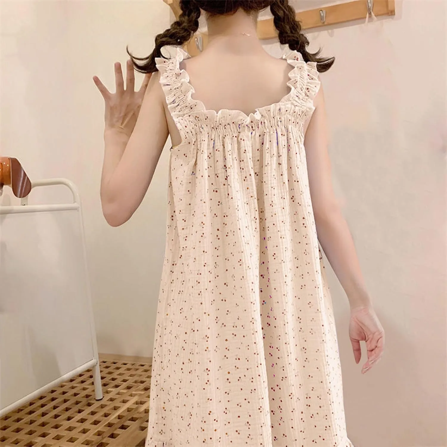 Ladies Summer Dress Sleeveless Flowy A Line Cami Dress Floral Print Suspenders Nightdress Cute Midi Pajamas Dress