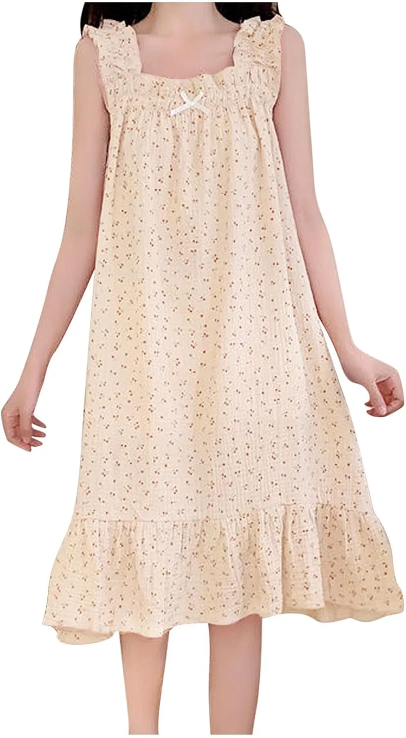 Ladies Summer Dress Sleeveless Flowy A Line Cami Dress Floral Print Suspenders Nightdress Cute Midi Pajamas Dress