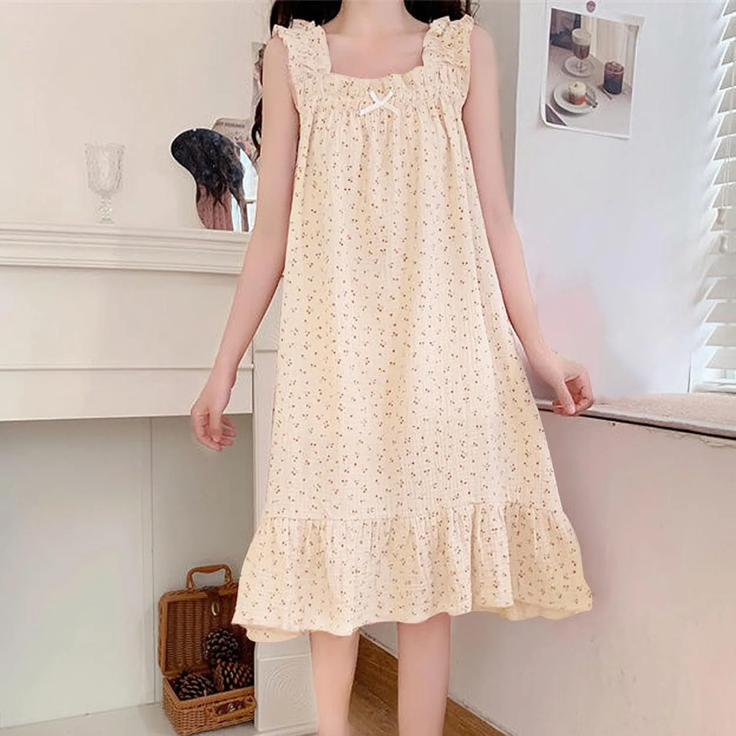 Ladies Summer Dress Sleeveless Flowy A Line Cami Dress Floral Print Suspenders Nightdress Cute Midi Pajamas Dress