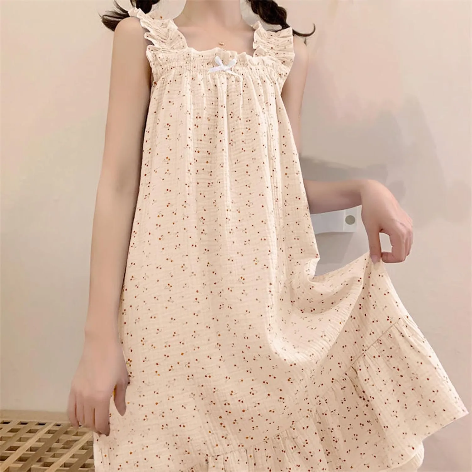 Ladies Summer Dress Sleeveless Flowy A Line Cami Dress Floral Print Suspenders Nightdress Cute Midi Pajamas Dress