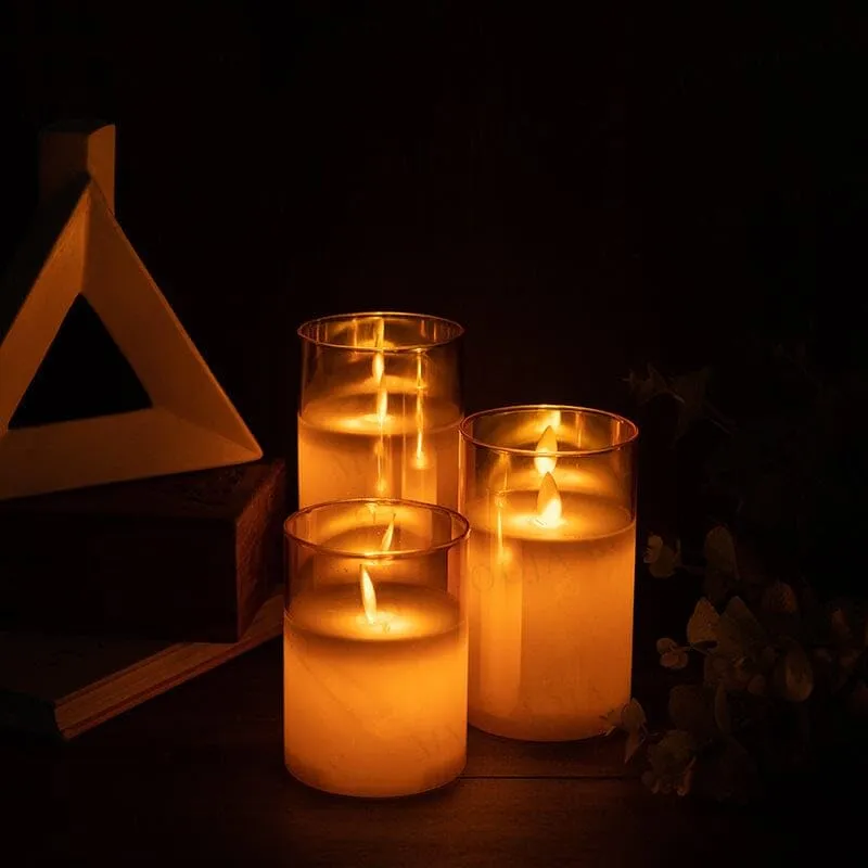 LED Flickering Golden Glass Jar Pillar Candles with Remote (Set of 3)