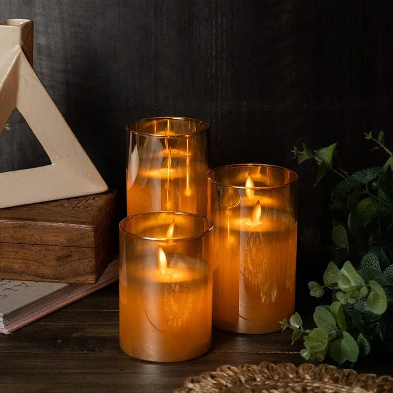 LED Flickering Golden Glass Jar Pillar Candles with Remote (Set of 3)