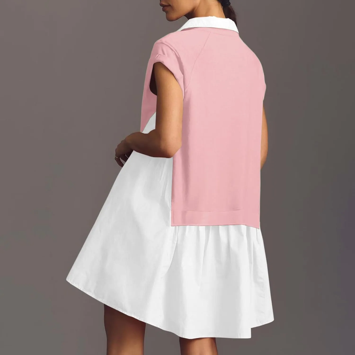 LEMONONSTORE Summer T Shirt Dress for Women Roll-Up Sleeve Ruffle Tunic Dress Button Lapel Neck Patchwork Party Mini Dresses