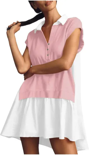 LEMONONSTORE Summer T Shirt Dress for Women Roll-Up Sleeve Ruffle Tunic Dress Button Lapel Neck Patchwork Party Mini Dresses