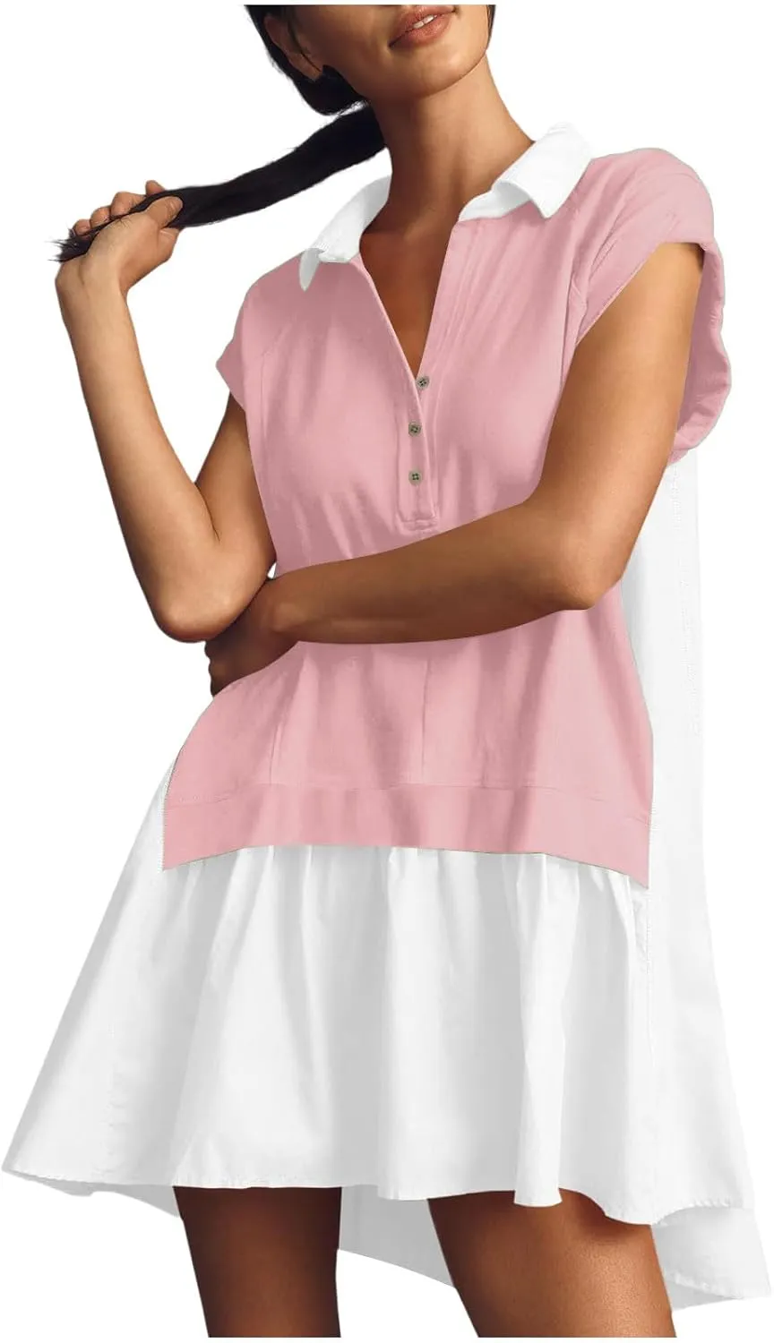 LEMONONSTORE Summer T Shirt Dress for Women Roll-Up Sleeve Ruffle Tunic Dress Button Lapel Neck Patchwork Party Mini Dresses
