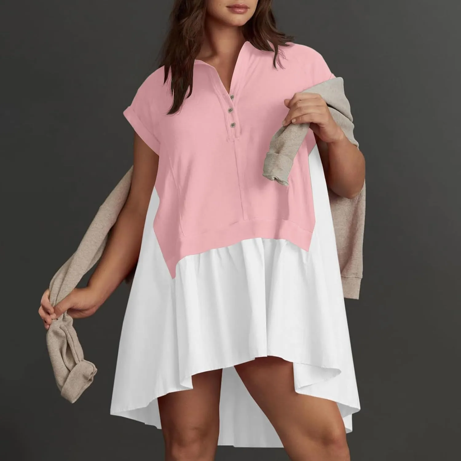 LEMONONSTORE Summer T Shirt Dress for Women Roll-Up Sleeve Ruffle Tunic Dress Button Lapel Neck Patchwork Party Mini Dresses