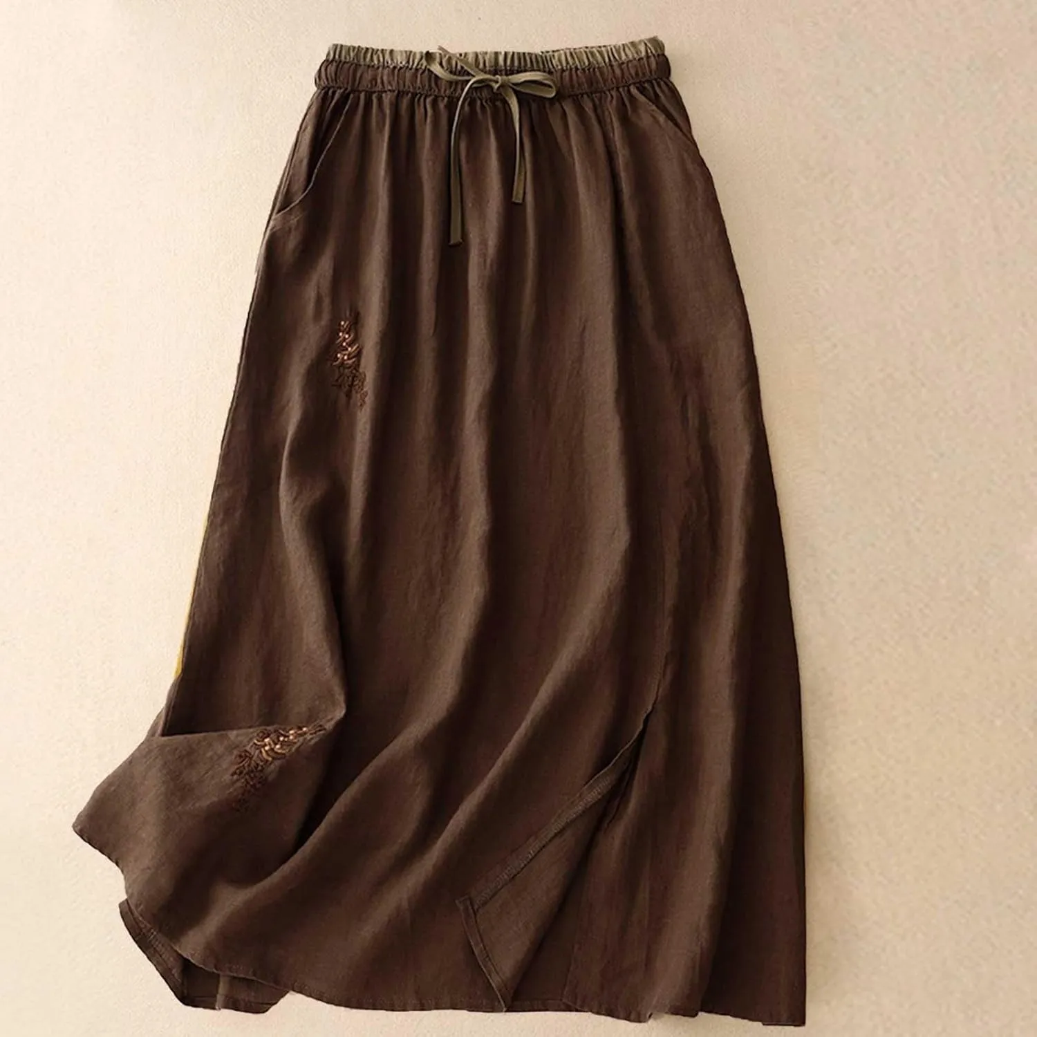 Linen A Line Skirt for Women Casual Elastic Waist Cotton Maxi Skirts Embroidered Boho Summer Skirt