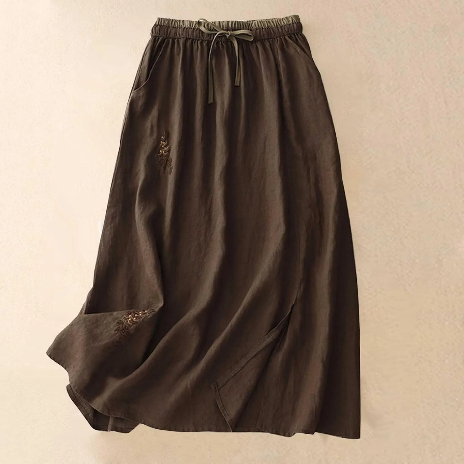 Linen A Line Skirt for Women Casual Elastic Waist Cotton Maxi Skirts Embroidered Boho Summer Skirt