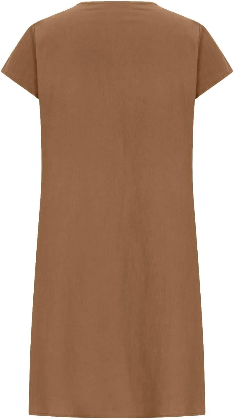 Linen Dress for Women Pleated Summer Dresses Round Neck Short Sleeve Sundress Casual Vacation A Line Dress Plus Size