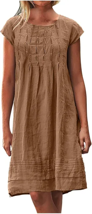 Linen Dress for Women Pleated Summer Dresses Round Neck Short Sleeve Sundress Casual Vacation A Line Dress Plus Size