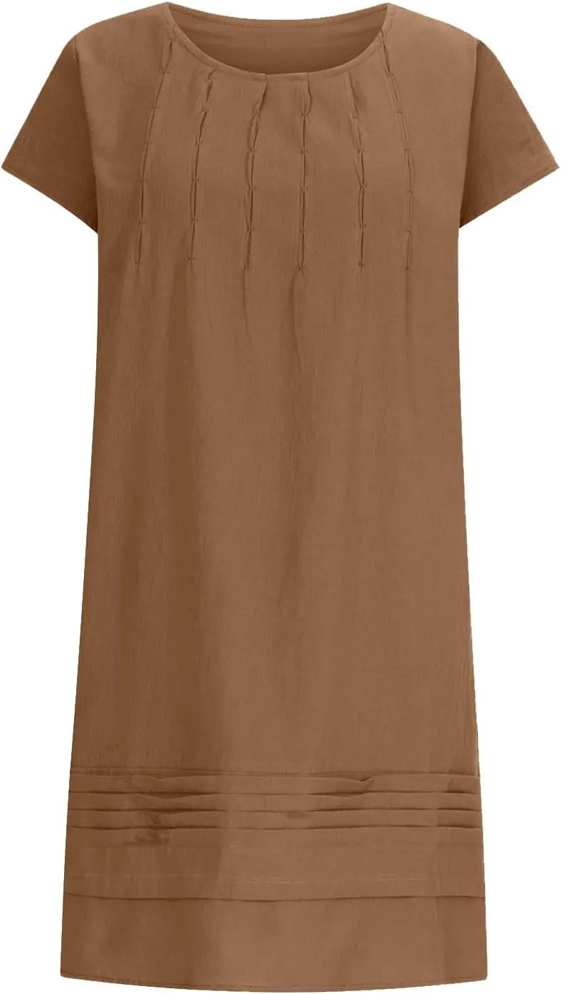 Linen Dress for Women Pleated Summer Dresses Round Neck Short Sleeve Sundress Casual Vacation A Line Dress Plus Size