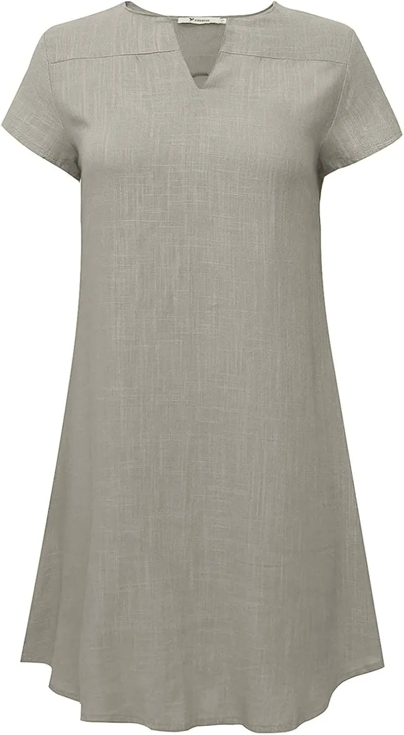 Linen Dress for Women Summer Casual V Neck Cover Ups Sundress Beach Vacation Clothes Plus Size Mini Tshirt Dresses