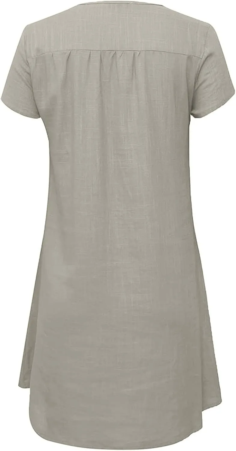 Linen Dress for Women Summer Casual V Neck Cover Ups Sundress Beach Vacation Clothes Plus Size Mini Tshirt Dresses