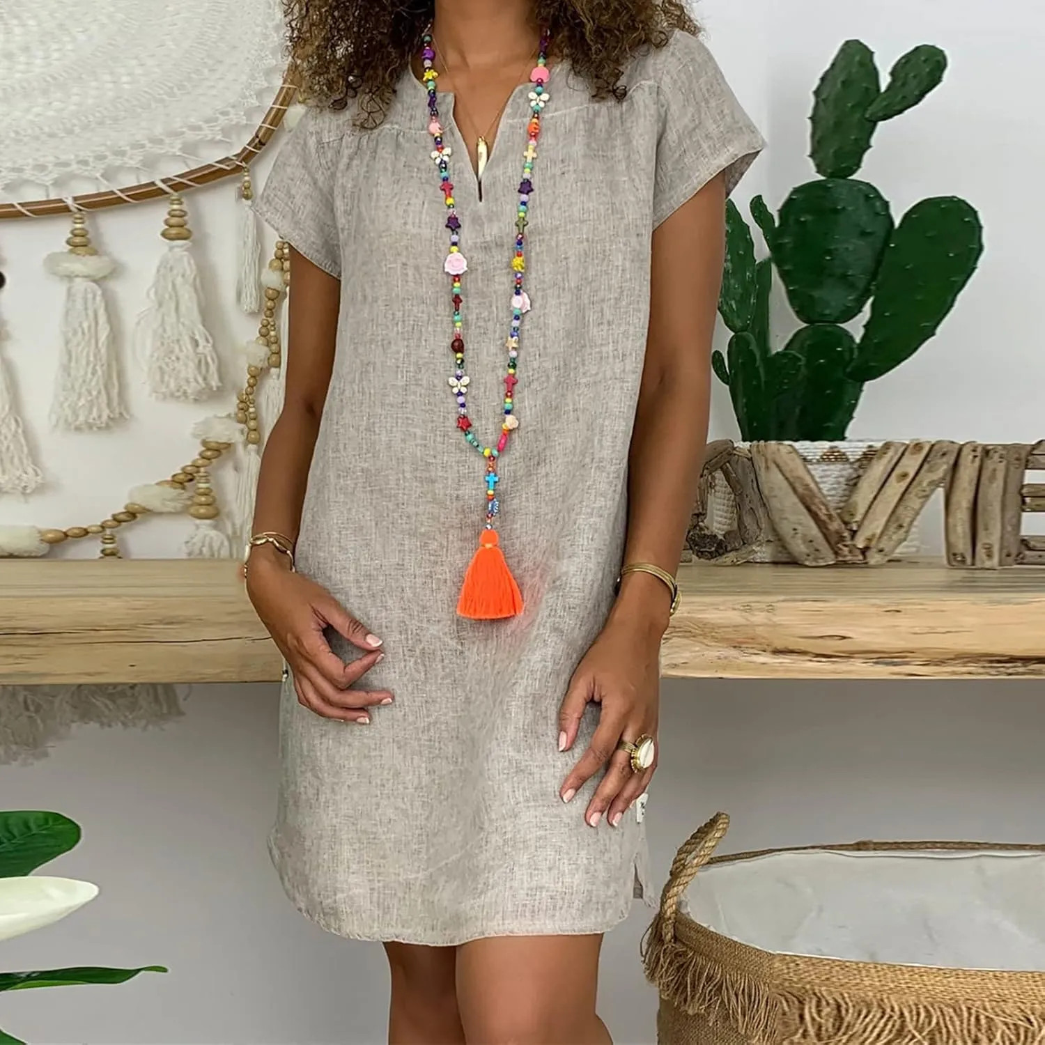 Linen Dress for Women Summer Casual V Neck Cover Ups Sundress Beach Vacation Clothes Plus Size Mini Tshirt Dresses