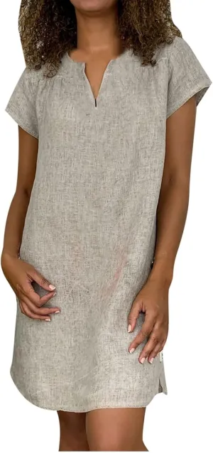 Linen Dress for Women Summer Casual V Neck Cover Ups Sundress Beach Vacation Clothes Plus Size Mini Tshirt Dresses